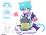  1girl animal_ear_fluff animal_ears apron black_dress blue_fur brain building capsule cat cat_ears cat_girl cat_tail closed_mouth dress garter_straps grey_eyes holding holding_screwdriver maid maid_apron misskey.io multicolored_fur murakami-san_(misskey.io) puuakachan screwdriver short_hair short_sleeves sitting smile solo tail thighhighs white_fur white_thighhighs 