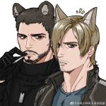  2boys alternate_facial_hair animal_ears bao_(bobobao21) bara bear_ears beard brown_hair chris_redfield cigarette dog_tags facial_hair fox_ears frown highres holding holding_cigarette kemonomimi_mode large_pectorals leon_s._kennedy looking_at_viewer male_focus mature_male multiple_boys muscular muscular_male mustache pectorals resident_evil resident_evil_4 resident_evil_4_(remake) short_hair stubble thick_eyebrows upper_body yaoi 
