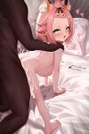  ^^^ animal_ears ass averageartist back bed big_belly blush cat_ears cum cum_overflow dark-skinned_male dark_skin diona_(genshin_impact) doggystyle forehead genshin_impact green_eyes heart looking_back nude open_mouth pink_hair short_hair spread_legs stomach_bulge vaginal 