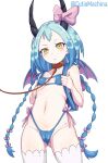  1girl :&lt; animal_collar artist_name backpack bag bdsm belt_collar bikini blue_hair blush bow braid cleft_of_venus closed_mouth collar commentary cutiemachina dragon_girl english_commentary eyepatch_bikini highleg highleg_panties highres horns leash looking_at_viewer madeleine_(dragon&#039;s_dogma) mesugaki navel panties re:zero_kara_hajimeru_isekai_seikatsu simple_background slave solo standing swimsuit thighhighs twin_braids underwear yellow_eyes 