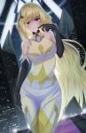  1girl bare_shoulders black_choker black_gloves blonde_hair blush breasts building choker collarbone commentary doiparuni dress elbow_gloves eyelashes gloves green_eyes hair_ornament hand_on_own_hip hand_up highres long_hair looking_at_viewer lusamine_(pokemon) lusamine_(sygna_suit)_(pokemon) night official_alternate_costume outdoors pokemon pokemon_(game) pokemon_masters_ex skyscraper smile solo standing 