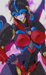  1girl autobot blue_eyes breasts flame_toys flame_toys_windblade hand_on_own_hip highres kasaki_yoshihiko looking_at_viewer mecha mechanical_wings medium_breasts one_eye_closed parted_lips pink_lips robot smile solo transformers windblade wings 
