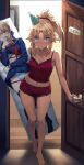  1girl alternate_costume artoria_pendragon_(fate) ass_visible_through_thighs blonde_hair blue_eyes blush breasts camisole dakimakura_(object) expressionless fate/apocrypha fate/grand_order fate_(series) frilled_shorts frills groin hat highres implied_yuri lipstick_mark looking_at_viewer master_artoria midriff mordred_(fate) mother_and_daughter navel no_pants panties party_hat pillow ponytail pov_doorway red_camisole red_panties red_scrunchie red_shorts scrunchie shirt short_shorts shorts small_breasts solo striped tonee underwear 