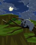  branch brown_eyes cloud colored_sclera commentary_request fangs fangs_out grass highres moon night no_humans outdoors pokemon pokemon_(creature) poochyena sky solo tomozo_(muginosukejr) yellow_sclera 