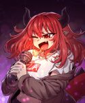  1girl absurdres breathing_fire dragon_girl dragon_horns dragon_tail fire gggoturi highres holding holding_microphone horns jacket microphone midriff one_eye_closed open_clothes open_jacket original red_eyes red_hair shirt solo tail white_shirt 