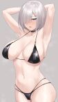  1girl absurdres armpits arms_up bikini black_bikini black_choker blue_eyes blush breasts choker cleavage commentary_request grey_background grey_hair hair_ornament hair_over_one_eye hairclip hamakaze_(kancolle) highres kantai_collection large_breasts looking_at_viewer navel one_eye_covered paid_reward_available parted_lips sateridas short_hair sideboob simple_background solo stomach swimsuit 