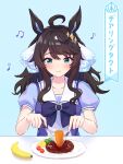  1girl ahoge animal_ears banana black_hair blue_background blue_eyes breasts carrot character_name closed_mouth collarbone commentary_request daring_tact_(umamusume) eating food fork fruit hair_ornament highres holding holding_fork horse_ears horse_girl kashmir_0808 long_hair looking_at_viewer medium_breasts plate smile solo star_(symbol) star_hair_ornament table umamusume 