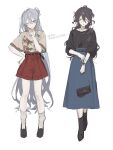  2girls absurdres black_footwear black_shirt blue_hair blue_skirt boots braid brown_hair brown_shirt brown_socks ensemble_stars! full_body genderswap genderswap_(mtf) hair_bun half_updo hibiki_wataru highres light_blue_hair long_hair mmi_4 multiple_girls one_eye_closed purple_eyes red_eyes red_shorts sakuma_rei_(ensemble_stars!) shirt shorts skirt socks wavy_hair 