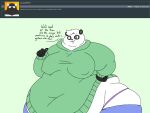  2018 4:3 5_fingers anthro ask_blog batspid2 bear big_breasts biped black_body black_eyes black_fur blue_clothing bottomwear breasts claws clothing dialogue digital_drawing_(artwork) digital_media_(artwork) english_text exclamation eyebrows eyelashes female fingers flabby_arms flat_colors front_view fur gesture giant_panda green_background green_clothing green_eyes hair hand_on_hip hoodie huge_belly hyper_hips love_handles mammal morbidly_obese morbidly_obese_anthro morbidly_obese_female multicolored_body multicolored_fur navel nipple_outline obese obese_anthro obese_female overweight overweight_anthro overweight_female panties pawpads pink_clothing pointing pointing_at_self raised_eyebrows simple_background smile sofia_(batspid2) solo text three-quarter_view tight_clothing topwear two_tone_body two_tone_fur underwear white_body white_fur white_hair 