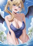  1girl :d absurdres ass_visible_through_thighs bird blonde_hair blue_eyes blue_one-piece_swimsuit blue_sky blush breasts cloud collarbone covered_navel day demon_girl demon_horns demon_wings floating_hair hair_over_shoulder highres hololive horns large_breasts leaning_forward nekorone0222 one-piece_swimsuit open_mouth outdoors palm_tree ponytail revision skindentation sky smile sunlight swimsuit tree virtual_youtuber wading water wet wings yuzuki_choco 