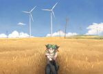  ambiguous_gender anthro bovid caprine cloud farm field goat gun handgun hi_res looking_at_viewer mammal mynameiscomic nonbinary_(lore) ranged_weapon revolver sky smile smirk solo weapon wheat wind_turbine wire 