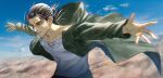  1boy blue_eyes blue_pants brown_hair closed_mouth cloud cloudy_sky eren_yeager facial_mark furrowed_brow green_jacket hair_bun hair_pulled_back highres hood hood_down hooded_jacket jacket male_focus medium_hair outdoors outstretched_arms pants picture_arakin shingeki_no_kyojin shirt sky solo upper_body white_shirt 
