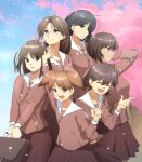  6+girls :d \||/ absurdres arm_behind_head azumanga_daioh azumanga_daioh&#039;s_school_uniform black_hair blue_sky bob_cut breasts briefcase brown_bag brown_hair brown_ribbon cherry_blossoms closed_eyes closed_mouth collarbone commentary cooking_pot cowboy_shot glasses grin hand_up highres index_finger_raised kagura_(azumanga_daioh) kasuga_ayumu large_breasts long_hair long_sleeves looking_afar looking_at_another looking_at_viewer lv_99kermit medium_hair mihama_chiyo mizuhara_koyomi multiple_girls neck_ribbon open_mouth orange_hair outdoors pink_shirt pink_skirt pleated_skirt pointing rectangular_eyewear ribbon romaji_commentary sakaki_(azumanga_daioh) school_briefcase school_uniform shirt short_hair short_twintails skirt sky small_breasts smile standing takino_tomo tree twintails uniform upper_body v-shaped_eyebrows winter_uniform 