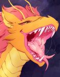  bodily_fluids dragon dripping drooling fangs feral forked_tongue fur hi_res lionfloof mouth_shot open_mouth orange_body orange_ears orange_eyes orange_fur red_sclera saliva saliva_drip saliva_string scales sharp_teeth solo teeth tongue yellow_body yellow_scales 