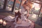  1girl animal_ears architecture blonde_hair east_asian_architecture fox_ears japanese_clothes kimono new_year obi ribbon-trimmed_legwear ribbon-trimmed_sleeves ribbon_trim sash senko_(sewayaki_kitsune_no_senko-san) sewayaki_kitsune_no_senko-san skindentation smile thighhighs thighs yellow_eyes 