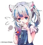  1girl animal_ears blue_eyes blue_hair blunt_bangs cat_ears commentary cube_hair_ornament cup disposable_cup drinking_straw empty_eyes english_commentary english_text flying_sweatdrops frilled_sleeves frills gawr_gura gawr_gura_(2nd_costume) grey_hair grimace_shake_(meme) hair_ornament hands_up highres holding holding_cup hololive hololive_english kemonomimi_mode koyoinacho medium_hair meme milkshake multicolored_hair official_alternate_costume purple_liquid ringed_eyes shaded_face shark_girl shirt short_sleeves side_ponytail sidelocks simple_background solo streaked_hair suspenders upper_body virtual_youtuber white_background white_shirt 