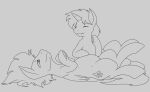  cutie_mark duo equid equine eyes_closed hand_on_stomach hasbro horn looking_at_another lying male mammal monochrome my_little_pony narrowed_eyes on_back pegasus raised_leg snap_feather unicorn vulapa wings 