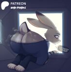  absurd_res angie_imagines anthro big_butt big_ears bodily_fluids bottomwear bottomwear_down butt butt_focus clothed clothing crawling dialogue disney female fluffy fluffy_tail hi_res judy_hopps lagomorph leporid mammal musk musk_clouds pants pants_down partially_clothed paws police police_officer police_uniform presenting presenting_hindquarters rabbit raised_tail scut_tail short_tail solo sweat tail text thick_thighs uniform vent wide_hips zootopia 