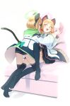  2girls :3 absurdres animal_ear_headphones animal_ears aqua_bow black_shorts black_skirt black_thighhighs blonde_hair blue_archive blue_necktie blush bow cat_ear_headphones collared_shirt controller fake_animal_ears fake_tail frilled_skirt frills full_body game_controller green_eyes hair_bow headphones highres holding holding_controller holding_game_controller hood hooded_jacket jacket kabanoki looking_at_another midori_(blue_archive) momoi_(blue_archive) multiple_girls necktie open_mouth red_bow red_eyes shirt short_hair shorts siblings simple_background sisters skirt smile tail thighhighs twins white_shirt 