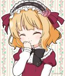  1girl black_bow black_bowtie blonde_hair blush bow bowtie buttons closed_mouth cosplay_request floral_background gochuumon_wa_usagi_desu_ka? kirima_syaro long_sleeves mitya short_hair smile solo twitter_username upper_body 