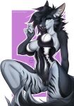  anthro black_and_white_fur black_hair blue_eyes breasts clothed clothing female fluffy fluffy_tail genitals hair hi_res pussy simple_background solo tail wof yasmil 