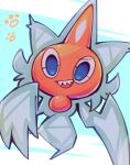  :d blue_eyes blush commentary_request green_background happy kokemushi_(kuru_fox) no_humans paw_print pokemon pokemon_(creature) rotom rotom_(normal) sharp_teeth smile solo teeth upper_teeth_only 