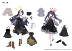  2girls alternate_costume black_dress black_hair blue_archive boots butterfly_hair_ornament demon_horns dress full_body fuuka_(blue_archive) habit hair_ornament halo hinata_(blue_archive) horns multiple_girls musical_note musical_note_hair_ornament nuudoru official_art red_eyes reference_sheet shoelaces simple_background standing white_background 