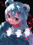  1girl animal_collar animal_ears bear bear_ears bear_girl black_background black_eyes blue_hair braid buckle closed_mouth collar commentary hair_between_eyes hair_ornament hairclip long_hair looking_at_viewer nagomi_(_nagomi_) original red_collar solo upper_body 