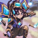  1girl blurry blurry_background blush bodysuit brown_bodysuit clenched_teeth covered_navel floating floating_object gem kai&#039;sa league_of_legends long_hair looking_at_viewer multicolored_background on_one_knee phantom_ix_row purple_hair shoulder_plates solo teeth 