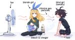  2girls absurdres barefoot black_hair black_pants black_shirt bleach_(chemical) blind_girl_(popopoka) blonde_girl_(popopoka) blonde_hair blue_eyes blue_hairband bottle closed_mouth from_side hairband half-closed_eyes highres holding holding_bottle long_hair looking_at_another meme multiple_girls original pale_skin pants plaid plaid_skirt pleated_skirt popopoka pouring shirt short_hair short_sleeves sitting skirt smile smug striped striped_sweater sweater white_background 