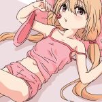  1girl bare_shoulders blonde_hair blush brown_eyes camisole candy flat_chest food futaba_anzu holding holding_candy holding_food holding_lollipop idolmaster idolmaster_cinderella_girls lollipop long_hair looking_at_viewer low_twintails lying navel on_back open_mouth pink_camisole pink_shorts short_shorts shorts sketch solo strap_slip stuffed_animal stuffed_rabbit stuffed_toy twintails upper_body ykr_(youkiri) 