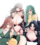  4girls alternate_costume azur_lane bare_shoulders black_hair black_kimono blue_eyes breasts brown_hair cleavage commission english_commentary floral_print gigantic_breasts green_eyes grey_eyes grey_hair heterochromia highres huge_breasts impero_(azur_lane) japanese_clothes kimono littorio_(azur_lane) long_hair looking_at_viewer manjuu_(azur_lane) multiple_girls one_eye_closed panties pixiv_commission red_panties roma_(azur_lane) sagging_breasts simple_background spice_(spicezzumi) underwear very_long_hair vittorio_veneto_(azur_lane) white_background yellow_eyes yellow_kimono yukata 