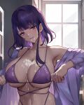  1girl alternate_hair_length alternate_hairstyle bangs bare_shoulders bikini blush breasts chihunhentai cleavage collarbone cum cum_on_body cum_on_breasts genshin_impact large_breasts long_sleeves looking_at_viewer mole mole_under_eye navel off_shoulder open_clothes purple_bikini purple_eyes purple_hair raiden_shogun short_hair smile solo swimsuit 