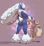  absurd_res ankle_fluff anthro big_breasts big_ears blaziken blue_body blush breasts brown_body brown_fur butt censor_bar censored duo female fur generation_3_pokemon generation_4_pokemon genitals hair hair_over_eyes hi_res hitmanatee ineffective_censorship lagomorph long_ears lopunny mammal nintendo nude open_mouth pokemon pokemon_(species) pussy rear_view scissors size_difference white_hair wide_hips 