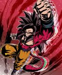  1boy arm_up black_hair body_fur clenched_hand clenched_teeth closed_mouth dragon_ball dragon_ball_gt emphasis_lines highres jumping looking_at_viewer male_focus monkey_boy muscular muscular_male no_nipples pectorals raised_fist red_fur saiyan solo son_goku spiked_hair super_saiyan super_saiyan_4 teeth ushi_(akabec0) 