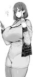  1girl absurdres bag breasts choker covered_navel cowboy_shot dress hands_up highres holding holding_phone hotate-chan large_breasts looking_at_viewer mole mole_under_eye monochrome original parted_lips phone short_hair solo standing thighs translation_request 