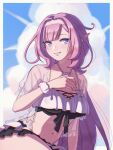  1girl bikini blue_eyes blue_sky blush breasts cleavage cloud cloudy_sky collarbone commentary_request day elysia_(honkai_impact) elysia_(miss_pink_elf)_(honkai_impact) frilled_jacket frills hairband hand_up highres honkai_(series) honkai_impact_3rd jacket long_hair medium_breasts navel open_clothes open_jacket outdoors parted_lips pink_hair scrunchie see-through sky smile solo swimsuit tsuume twitter_username very_long_hair white_bikini white_hairband white_scrunchie wrist_scrunchie 