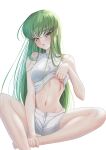  1girl absurdres backlighting bare_arms between_legs blush breasts budgiepon c.c. code_geass crossed_bangs eyelashes foot_out_of_frame green_hair hair_between_eyes hair_over_shoulder hand_between_legs head_tilt highres holding_own_foot indian_style lips long_hair looking_at_viewer medium_breasts midriff navel parted_lips scar scar_on_breasts shirt shorts simple_background sitting sleeveless sleeveless_shirt solo stomach straight_hair undressing very_long_hair white_background white_shirt white_shorts yellow_eyes 