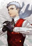  1boy black_gloves black_ribbon closed_mouth collared_shirt gloves grey_eyes grey_hair hungry_clicker long_sleeves looking_at_viewer male_focus neck_ribbon own_hands_together persona persona_3 red_sweater_vest ribbon sanada_akihiko shirt simple_background solo sweater_vest upper_body white_shirt 