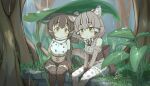  2girls :&lt; absurdres animal_ear_fluff animal_ears animal_print back_bow bare_shoulders belt blurry blurry_background blush bow bowtie brown_hair cat_ears cat_girl cat_print cat_tail chibi closed_mouth dated day elbow_gloves extra_ears feet_out_of_frame giant_leaf gloves grass green_eyes grey_hair hair_between_eyes high-waist_skirt highres holding holding_leaf iriomote_cat_(kemono_friends) kemono_friends kemono_friends_3 leaf leaf_umbrella light_brown_hair looking_at_viewer medium_hair multicolored_hair multiple_girls on_grass onefiresticks outdoors print_bow print_bowtie print_gloves print_shirt print_skirt print_thighhighs rain sash scarf shirt side-by-side sitting skirt sleeveless sleeveless_shirt tail thighhighs tree tsushima_leopard_cat_(kemono_friends) v_arms water yellow_eyes zettai_ryouiki 