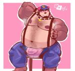  armpit_fetish barefoot bear beard belly blue_clothing blush body_hair bottomwear brown_bear brown_beard brown_body bulge chest_hair clothed clothing denim denim_clothing facial_hair feet hat headgear headwear jeans jewelry kofu_(character) kofu_grizzly_chubby male mammal musclegut muscular musk musk_clouds musky_armpit navel necklace nipples overweight pants pecs simple_background slight_smile slightly_chubby solo solo_focus suspenders underwear ursine 