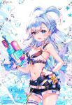  1girl absurdres air_bubble alternate_costume bare_arms bare_shoulders belt bikini bikini_under_clothes black_shorts blue_bikini blue_eyes blue_hair blush bracelet breasts bubble commentary cowboy_shot finger_on_trigger hand_on_own_hip high_ponytail highleg highleg_bikini highres holding holding_water_gun hololive hololive_indonesia jewelry kobo_kanaeru long_hair looking_at_viewer medium_breasts navel open_mouth short_ponytail short_shorts shorts smile solo sowon split_ponytail striped striped_bikini swimsuit symbol-only_commentary twitter_username virtual_youtuber water water_gun wristband 