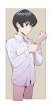  1boy black_hair blue_eyes bottomless brown_background buttoning closed_mouth collared_shirt cropped_legs dress_shirt dressing hands_up long_sleeves looking_at_hand looking_away male_focus okurase outside_border rurouni_kenshin seta_soujirou shirt short_hair solo white_shirt 