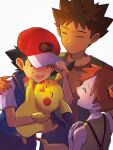  1girl 2boys adjusting_clothes adjusting_headwear anidf ash_ketchum baseball_cap blue_vest brock_(pokemon) closed_eyes closed_mouth green_vest hand_on_another&#039;s_cheek hand_on_another&#039;s_face hand_on_another&#039;s_shoulder hand_on_own_chest hat highres hug misty_(pokemon) multiple_boys open_mouth orange_shirt pikachu pokemon pokemon_(anime) shirt sleeveless suspenders tearing_up vest white_shirt yellow_shirt 