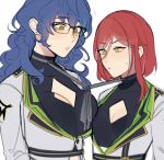  2girls aoba_tsumugi blue_hair breasts cleavage_cutout clothing_cutout ensemble_stars! genderswap genderswap_(mtf) green_eyes large_breasts long_hair lummy_yummy medium_breasts multicolored_hair multiple_girls red_hair sakasaki_natsume short_hair_with_long_locks wavy_hair white_hair yellow_eyes 