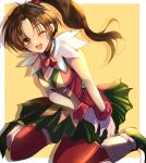  1girl any813 breasts brown_eyes brown_hair full_body gensou_suikoden gloves green_skirt highres long_hair looking_at_viewer meg_(suikoden) one_eye_closed open_mouth ponytail red_thighhighs skirt smile solo thighhighs white_gloves 