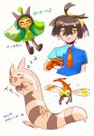  1boy ahoge blue_shirt brown_hair closed_mouth collared_shirt commentary_request crossed_bangs furret gloves hair_between_eyes hairband heart highres holding holding_poke_ball kieran_(pokemon) male_focus musical_note necktie ogerpon orange_necktie poke_ball poke_ball_(basic) pokemon pokemon_(creature) pokemon_sv potori3939 shirt short_hair short_sleeves sleeping translation_request yanma yellow_hairband zzz 