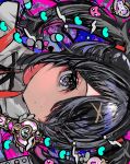  1girl absurdres ame-chan_(needy_girl_overdose) black_eyes black_hair black_ribbon closed_mouth collared_shirt commentary_request hair_ornament hair_over_one_eye hair_tie heart heart_wand highres lightning_bolt_symbol long_hair looking_at_viewer momae_makku neck_ribbon needy_girl_overdose p-chan_(needy_girl_overdose) pill red_shirt ribbon shirt sideways solo twintails upper_body wand x_hair_ornament 