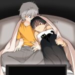  2boys black_cat black_hair cat closed_mouth grey_hair hair_between_eyes holding_hands ikari_shinji multiple_boys nagisa_kaworu neon_genesis_evangelion nervous orange_shirt pillow red_eyes shadow shirt sitting tabrsilon translation_request watching_television yaoi 