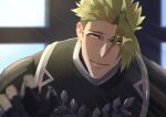  1boy achilles_(fate) armor blurry blurry_foreground closed_mouth fate/apocrypha fate_(series) gauntlets green_hair haruakira highres light_particles looking_at_viewer male_focus mature_male short_hair sideburns sideburns_stubble sidelighting smile solo undercut upper_body window yellow_eyes 